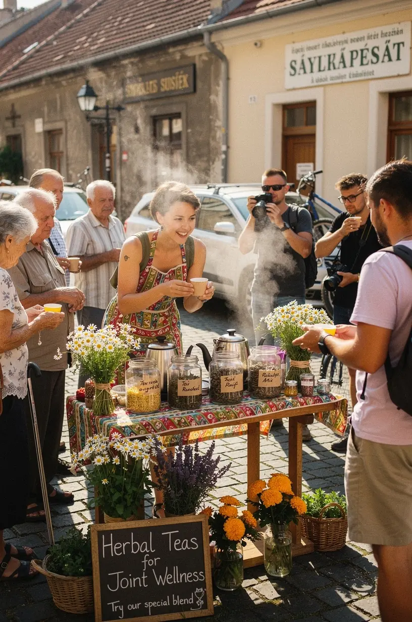Egészséges életmódot képviselő ember kortyol teát, miközben nyújtja kezét az ízületi mobilitásért.